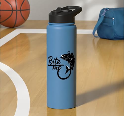 Bite Me Fishing Hook Funny Angler Fish Graphic Stainless Steel Insulated Water Bottle - color: Light Blue