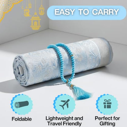 Muslim Prayer Rug with Islam Prayer Beads - Travel Prayer Mat, Islamic Gifts for Women, Portable Prayer Matt Islam, Islamic Prayer Rug Islam Men Women, Praying Mat for Muslim Gifts, Blue - color: Blue