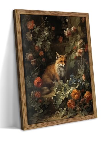 Framed Dark Academia Fox Canvas Wall Art, Sitting Fox Surrounded by Flowers, Elegant Vintage Botanical Poster, Fine Art Print for Living Room Bedroom Study – Dark Wooden Frame 16x24in - color: Fox, size: 24"L x 16"W
