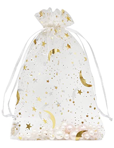 Jexila 100 Pcs Moon Star Organza Mesh Drawstring Jewelry Gift Bags - 5''X7'' White - For Baby Shower, Wedding Party Favors or Candy Bags - color: White Moon Star