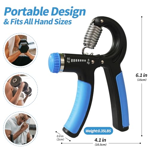 Grip Strength Trainer, Hand Gripper Strengthener with Adjustable Resistance 11-132 Lbs (5-60kg), Forearm Strengthener with Non-Slip Gripper for Muscle Building and Injury Recover (Blue)
