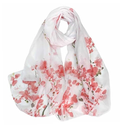 Xyueanlo Women's Chiffon Scarf Lightweight Scarves Fashion Elegant Floral Print Scarfs Shawls - color: Plum Blossom Red White