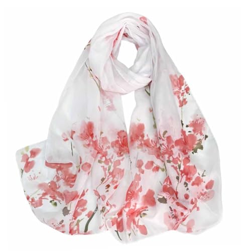 Xyueanlo Women's Chiffon Scarf Lightweight Scarves Fashion Elegant Floral Print Scarfs Shawls - color: Plum Blossom Red White