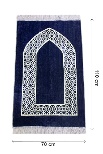 ihvan online Luxury Velvet Muslim Prayer Rug, Janamaz, Thick Soft Sajadah, Portable Travel Prayer Carpet Mat, Islamic Gift for Eid, Ramadan, Hajj & Umrah, Navy Blue - color: Navy Blue