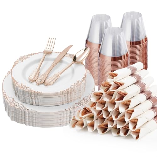 Bestluck 175PCS Rose Gold Disposable Dinnerware for 25 Guests - color: Rose Gold, size: 25 Guests Set