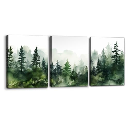Pacimo 3 Pieces Canvas Wall Art Print Misty Forest Green Nature Mountain Painting Wall Decor for Living Room Home Decoration Natural Landscape Gallery Wrapped Posters and Prints - 12"x16"x3 - color: Wallart-03, size: 12"x16"x3 Panels