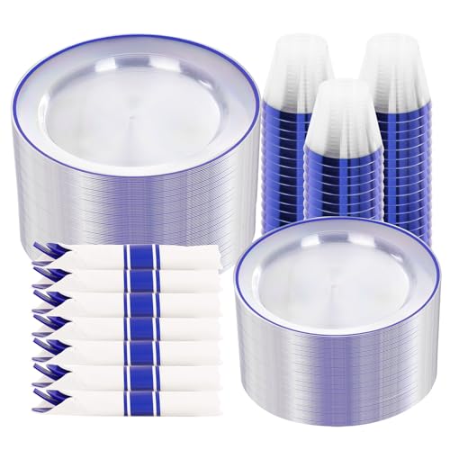 SUT 350 Pcs Blue and Clear Plastic Dinnerware Set for 50 Guests, Include: 50 Dinner Plates, 50 Dessert Plates, 50 Pre Rolled Napkins With Silverware, 50 Cups, Disposable Plates for Party, Wedding - color: Clear Blue, size: 350PCS
