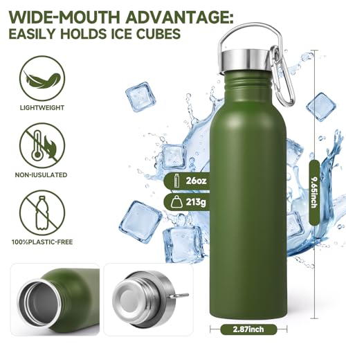 Volhoply 26oz Uninsulated Single Walled Water Bottle, Stainless Steel Reusable Water Bottles with Handle & Carabiner, BPA Free Wide Mouth Water Bottles for Gym Sports Camping（Army Green,1） - color: Army Green
