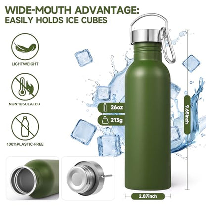 Volhoply 26oz Uninsulated Single Walled Water Bottle, Stainless Steel Reusable Water Bottles with Handle & Carabiner, BPA Free Wide Mouth Water Bottles for Gym Sports Camping（Army Green,1） - color: Army Green
