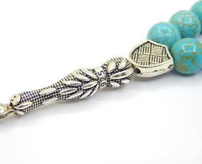 Perlin Muslim Prayer Beads 33 Bead Turquoise Tasbih Islamic Misbaha Subha Dhikr Beads with 10mm Polished Blue Turquoise Gemstone Beads Hematite Spacers, 925 Sterling Silver Imam Ottoman Style Rosary