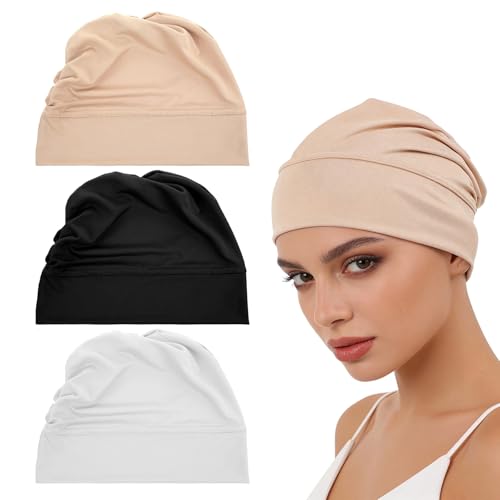 Nogeqi 3 Pcs Hijab Undercap Non Slip Under Scarf Hijab Caps for Women, Solid Color Under Caps for Hijabs, Stretchy Breathable Undercap Tube Bonnet (Black, White, Beige)