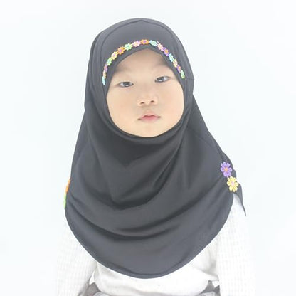 Girls Instant Hijab – Soft Kids Muslim Scarf with Flower, Breathable One-Piece Headscarf for Toddlers Age 2-8 - color: Small Flower-black