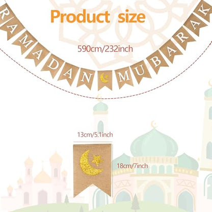 Ramadan Mubarak 배너 삼베 글리터 달과 별 표지판 사전 스트링 라마단 배너 이슬람 이드 장식, 벽난로 장식용 - color: 라마단