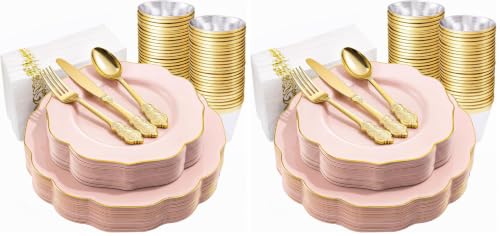 NOCCUR 175PCS Pink Plates with Gold Disposable Silverware - Include 50 Pink Plastic Plates,25 Knives,25 Forks,25 Spoons,25 Cups and 25 Napkins - Ideal for Party/Wedding/Banquet/Baby Shower (Pack of 2) - color: Pink, size: 350 Pieces (50 Guests)