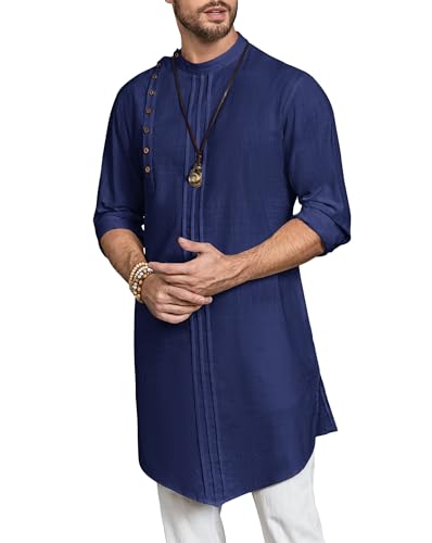 Gafeng Mens Kaftan Thobe Long Sleeve Robe Gown Casual Cotton Linen Button Muslim Shirt - color: Navy, size: Medium