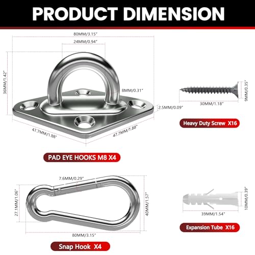 sprookber 304 Stainless Steel Pad Eye Snap Hooks, M8 Heavy Duty Ceiling Hook, 1200 lb Capacity Hammock Swing Hanging kit, Plant Hangers, Marine Hardware Staple Hook Loop with Screws, Set of 8 | Hanging Kit with Screws for Hammock Chair Swing, Yoga Gym Equ