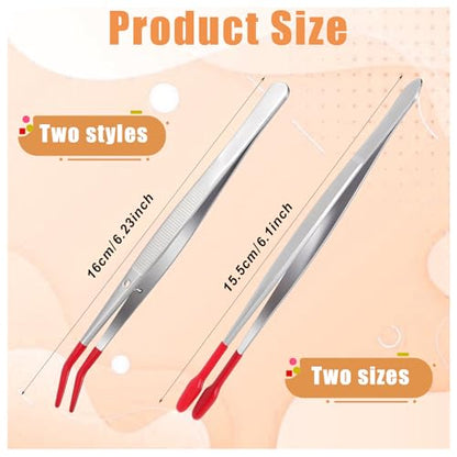 4 Pieces Tweezers with Rubber Tips PVC Rubber Coated Tweezers Rubber Long Bent Tip Tweezer and Straight Flat Tip Tweezer for Lab Stamp Hobby Jewelry Crafts Feeding (Silver, Red) - color: Red