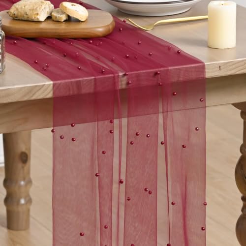 Artoid Mode Pearl Burgundy Gauze Table Runner 10FT Home Decor - color: Burgundy, size: 28" x 120"