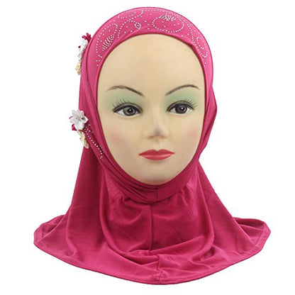 Instant Hijab for Kids Girls Hijabs Muslim Islamic Head Scarf with Rhinestone and Flowers - color: Rose Red
