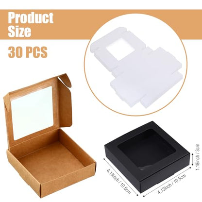 Zonon 30 Pcs Kraft Paper Boxes with Window 4.13 x 4.13 x 1.18 Inch Candy Packaging, Small Gift Boxes, Soap holder, Mini Treat Packaging for Bakery Chocolate Jewelry Display (Brown,Black,White) - color: Brown, Black, White