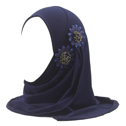 Soft Instant Hijab for Kids Girls Muslim Headscarf Islamic Scarf Shawl Wrap with Flowers - color: Navy Blue-2 Flowers