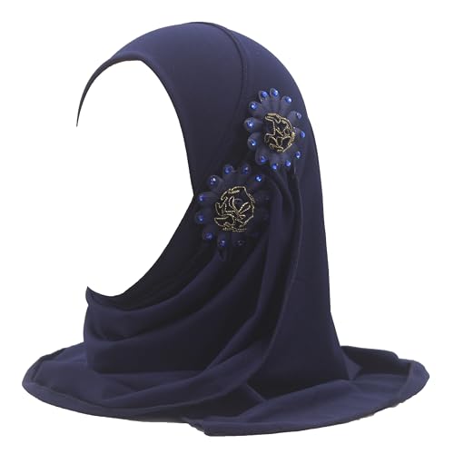 Soft Instant Hijab for Kids Girls Muslim Headscarf Islamic Scarf Shawl Wrap with Flowers - color: Navy Blue-2 Flowers