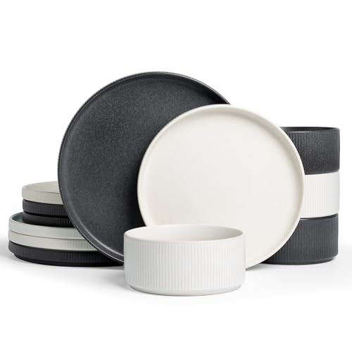 Famiware Star Stoneware Dinnerware Set, Reactive Glaze Plates & Bowls for 4 - color: Matte White & Charcoal