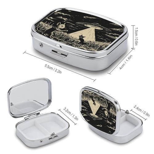 Metal 2 Compartment Pill Organizer Travel Friendly Portable Compact Pill Box Cute Pill Case to Hold Vitamins,Fish Oil,Supplements,Meds,Tablet for Purse,Pocket. (Cats and Spaceships) - color: Cats and Spaceships