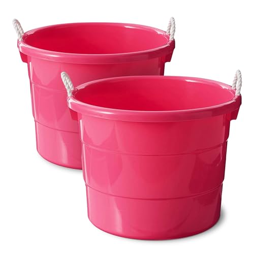 HOMZ 2-Pack Utility Tub, Large Plastic Storage Bucket with Rope Handles, 18 Gallon, Pink - Portable Indoor and Outdoor Buckets for Kitchen, Laundry, Garden, Bathroom, and Garage Organization - color: Pink
