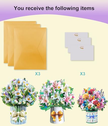 3D Pop Up Flower Bouquet Cards with 3 Envelopes & Blank Notecards, Featuring Multicolor Roses & Butterflies, White Daisies & Lavender, Pink & White Lilies for Birthday, Mother's Day, Get Well, Anniversary,All Occasions - style: ‎Roses Lilies Daisies