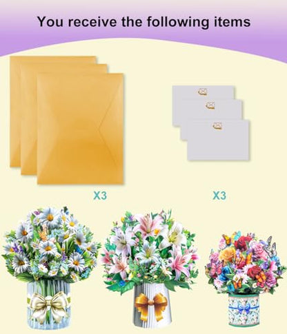 3D Pop Up Flower Bouquet Cards with 3 Envelopes & Blank Notecards, Featuring Multicolor Roses & Butterflies, White Daisies & Lavender, Pink & White Lilies for Birthday, Mother's Day, Get Well, Anniversary,All Occasions - style: ‎Roses Lilies Daisies