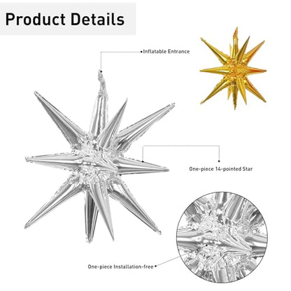 6 Pcs Silver Star Foil Balloons One-Piece 14-Pointed Star Balloon 4D Starburst Cone Mylar Balloon 22inch Christmas Birthday Wedding Wedding Anniversary Party Supplies (Silver + Gold) - color: 22 Inches Silver + Gold