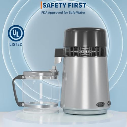 4L Countertop Stainless Steel Distilled Water Purifier, Distilled Water Making Machine with Glass Container, Ideal for Household, Workplace, Lab, and Aquarium Usage-Silver - color: Silver