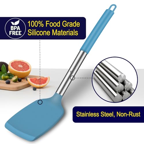 HOTEC Silicone Spatula Set of 2 Heat-Resistant 600°F & BPA-Free Kitchen SaptulaTurner with Stainless Steel Handles, Slotted & Solid Spatulas for Nonstick Cookware, 13.7 Inch, Blue - color: Blue