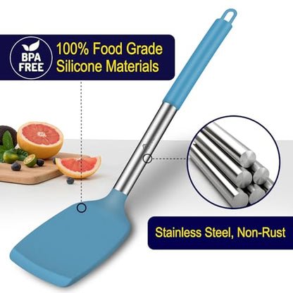 HOTEC Silicone Spatula Set of 2 Heat-Resistant 600°F & BPA-Free Kitchen SaptulaTurner with Stainless Steel Handles, Slotted & Solid Spatulas for Nonstick Cookware, 13.7 Inch, Blue - color: Blue