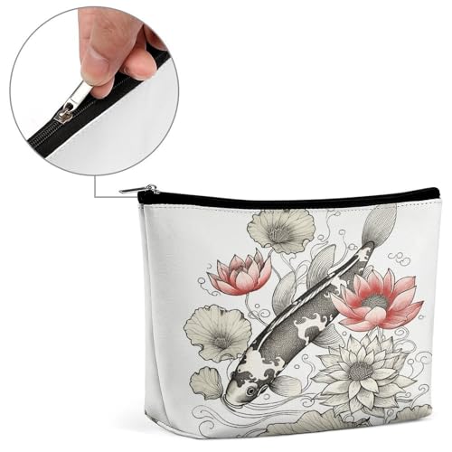Fish Japanese Carp Lotus Leaves Flower Makeup Bag for Women, Toiletry Bag Portable PU, Cosmetic Bag Travel Essentials Toiletries Accessories
