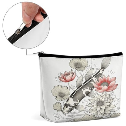 Fish Japanese Carp Lotus Leaves Flower Makeup Bag for Women, Toiletry Bag Portable PU, Cosmetic Bag Travel Essentials Toiletries Accessories