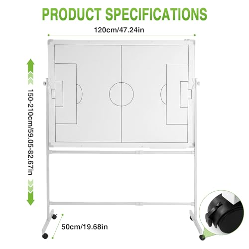 Generic Soccer Coaching Board 360 Degree Reversible Height Adjustable Whiteboard with Wheels Double-Sided Dry Erase Board with Magnets Pen & Eraser for Teaching Training - color: Football