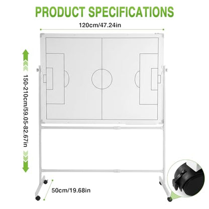 Generic Soccer Coaching Board 360 Degree Reversible Height Adjustable Whiteboard with Wheels Double-Sided Dry Erase Board with Magnets Pen & Eraser for Teaching Training - color: Football