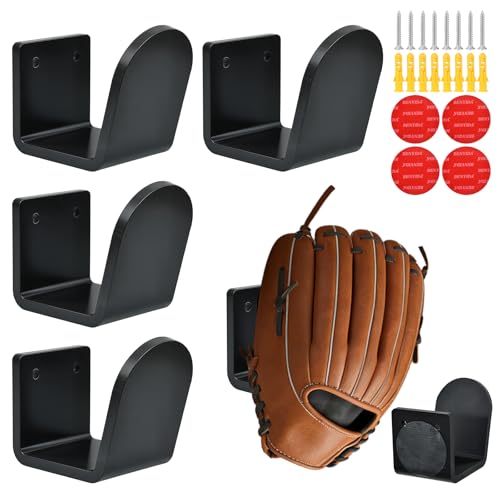 4 Pack Baseball Glove Stand, Softball Glove Display Rack - 2-in-1 Drill or No-Drill Wall Mount, Preserves Shape, U-Shaped Glove Holder for Garage, Locker Room, Entryway & Man Cave Storage