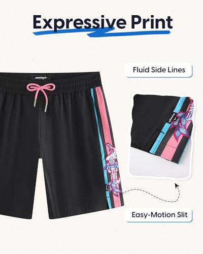 maamgic Mens Swim Trunks - Mens Bathing Suit with Compression Liner 7 Inch Quick Dry Fshion Stretch Zipper Pockets Swimwear - color: 1-black-pink-shark, size: X-Large