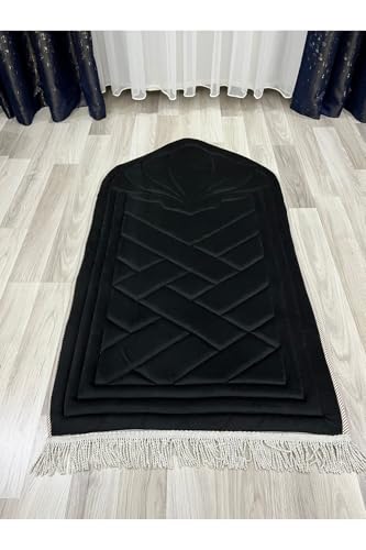 SODEF Quality Orthopedic Prayer Rug - Black - 27.6 x 47.2 inches - Padded Sponge for Knee Comfort - Durable Polyester with Tassels - Appropriate for Gifts and Dowry Sets - Black, 28x47 inch