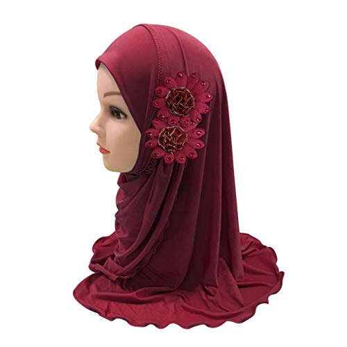 Girls Ice Silk Muslim Khimar Hijab Headscarf Flower Arab Scarf Shawls Neck Wrap Islamic Head Wrap for Age 2-7 Years - color: Style 1-wine Red