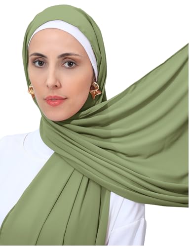 Heavy Not Easily See Through Long Chiffon Hijab Scarf for Women, Amazing Smooth Muslim Head Scarves - color: Olive Green
