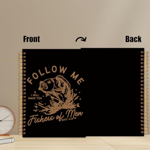 WUCHJ Black Retro Fish Christian Notebook,Black Boys Religious Notebook, Matthew 4:19 Bible Verse Journal, Religious Scripture Spiral Notebook Journal for Note Taking, Christian Faith Based Gifts for Women Men, 5.5x8.3 Inch - color: black and yellow follo