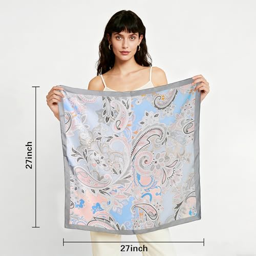 27" Head Scarf Like Satin Silk for Women,Hair Scarves Bandana,Headband Silk Feeling for Hair Wrap - color: Sky Blue and Gray