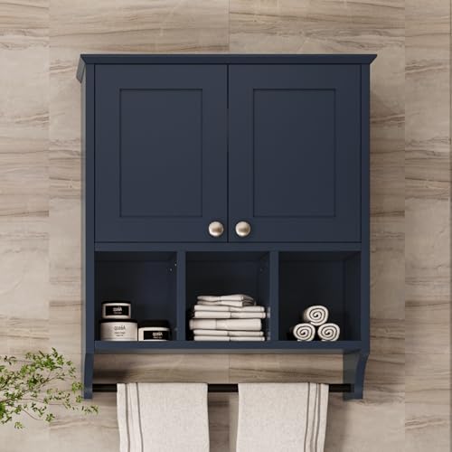 Bathroom Wall Cabinet, Wall Mounted with Towel Bar & 6 Shelves - Over Toilet Storage Organizer, 2-Door Medicine Cabinet, Adjustable Bathroom Shelves(Blue) - color: Blue