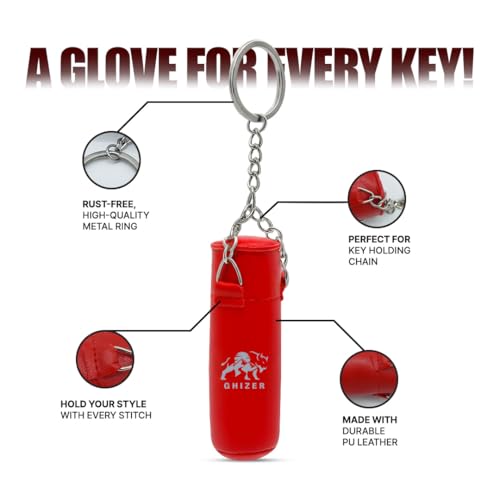 Mini Boxing Glove & Punching Bag Keychain Set – PU Leather Keyring Sports Lovers Gift & Gifts For Men (3 pcs) - color: Red