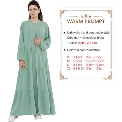 Women Muslim Abaya Dress 2PCS Soft Flowing Cardigan Dress Set Islamic Dubai Modest Kaftan Prayer Robe - color: Light Green, size: Small