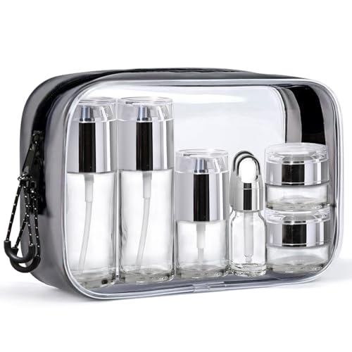 Glass Travel Bottles for Toiletries,TSA Approved，Leak Proof Refillable Travel Size Containers with Pump Spray Dropper Jars for Skincare Lotion Cream or Shampoo - color: Clear Glass Bottle with Silver Lid